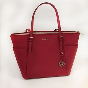 Michael Kors Red Top Zip Tote With Side Pockets